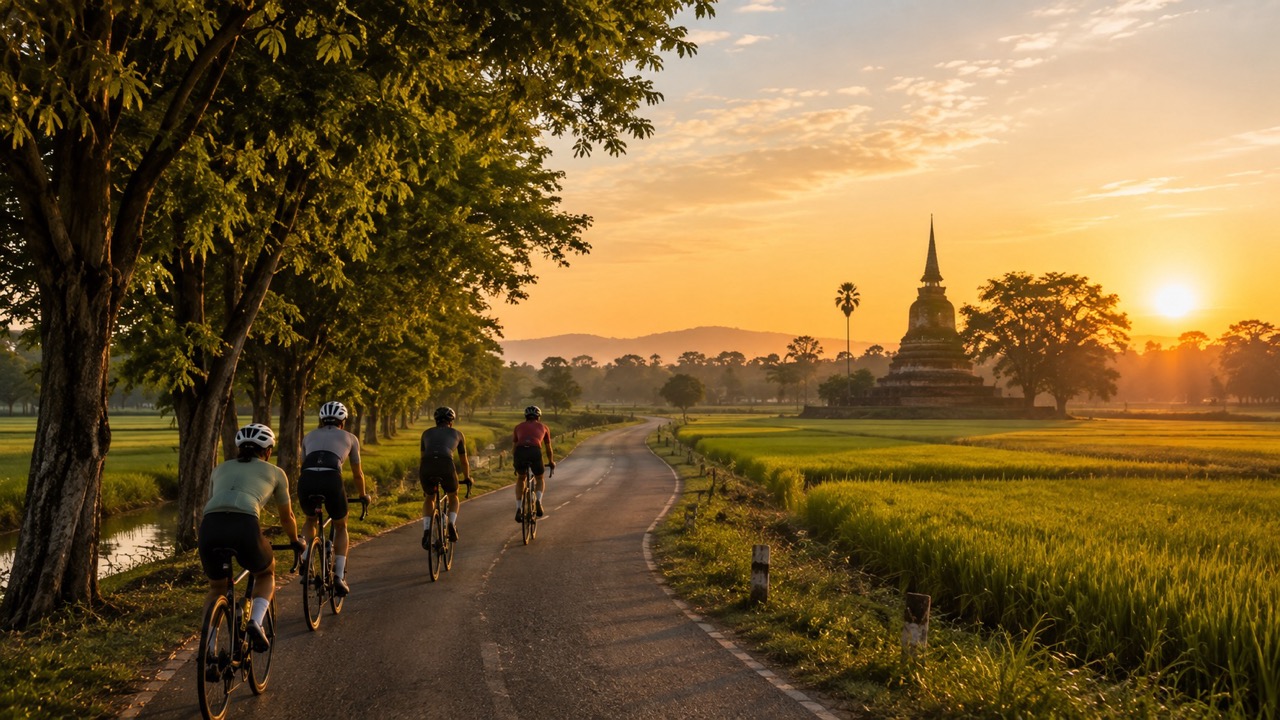 Cyclist on a quiet countryside road near the Sukhothai Historical Park at sunrise, rice fields on either side